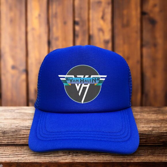 Van Halen Mens Trucker Hat Blue Snapback 80s Rock And Roll Baseball Cap - Picture 1 of 4